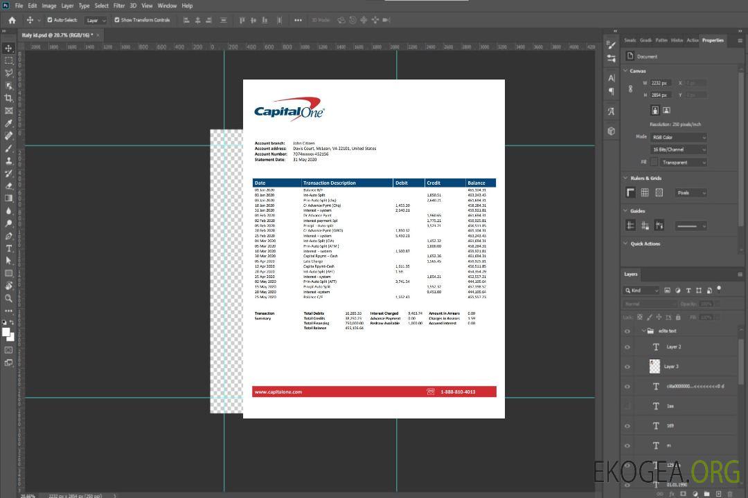 Modèle de relevé bancaire USA Capital One, format Word et PDF (.doc et .pdf) template